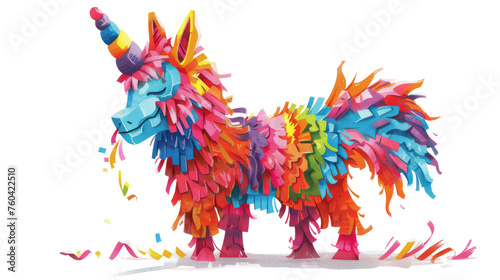 Colorful paper mache donkey pinata, traditionally used in Mexican celebrations, isolated on white, symbolizing fun and festivities.