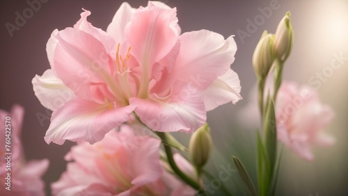 Close-Up Macro View of Gladiolus Pink Flowers Capture in the Garden and Ethereal Blurry Background