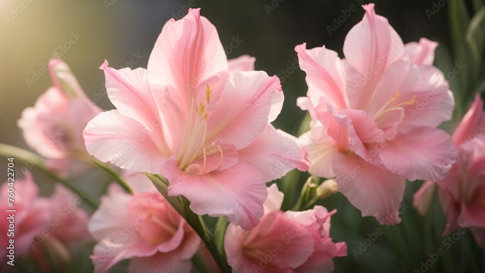 Close-Up Macro View of Gladiolus Pink Flowers Capture in the Garden and Ethereal Blurry Background