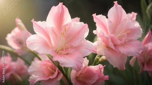 Close-Up Macro View of Gladiolus Pink Flowers Capture in the Garden and Ethereal Blurry Background © Asad