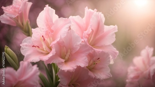 Close-Up Macro View of Gladiolus Pink Flowers Capture in the Garden and Ethereal Blurry Background