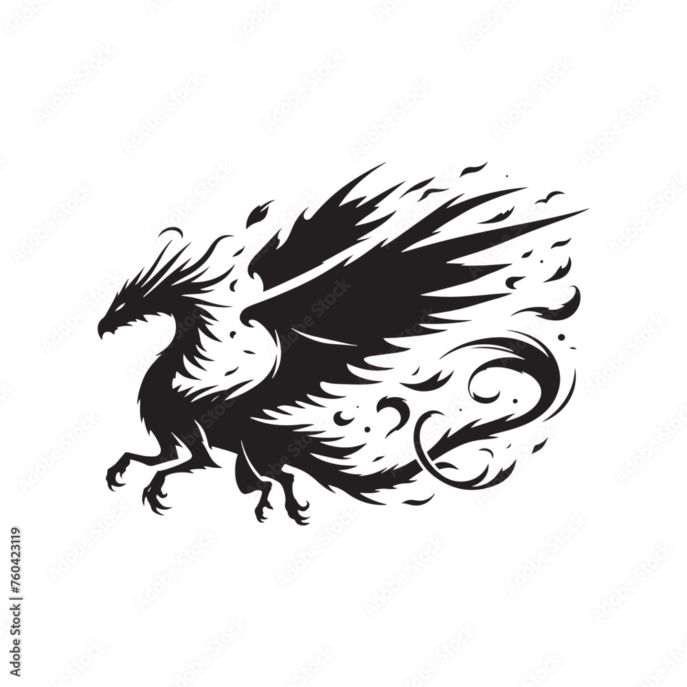 Obraz premium Dragon's Flight: Majestic Flying Dragon Silhouette Vector for Mythical Designs and Fantasy-themed Projects. Dragon Illustration, dragon vector.