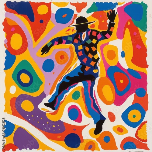 A colourful basic print of a man dancing