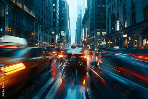 City streets bustling with traffic under glowing lights, capturing the fast-paced motion and vibrant energy of downtown