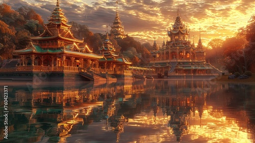 Thai Temple at Sunset Glowing in Golden Hues Amidst Lush Greenery and Intricate Pagodas