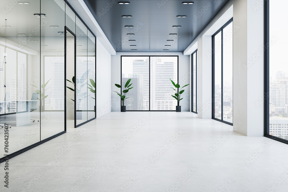 Modern glass office corridor interior with concrete flooring, window with city view and reflections. 3D Rendering. - obrazy, fototapety, plakaty 