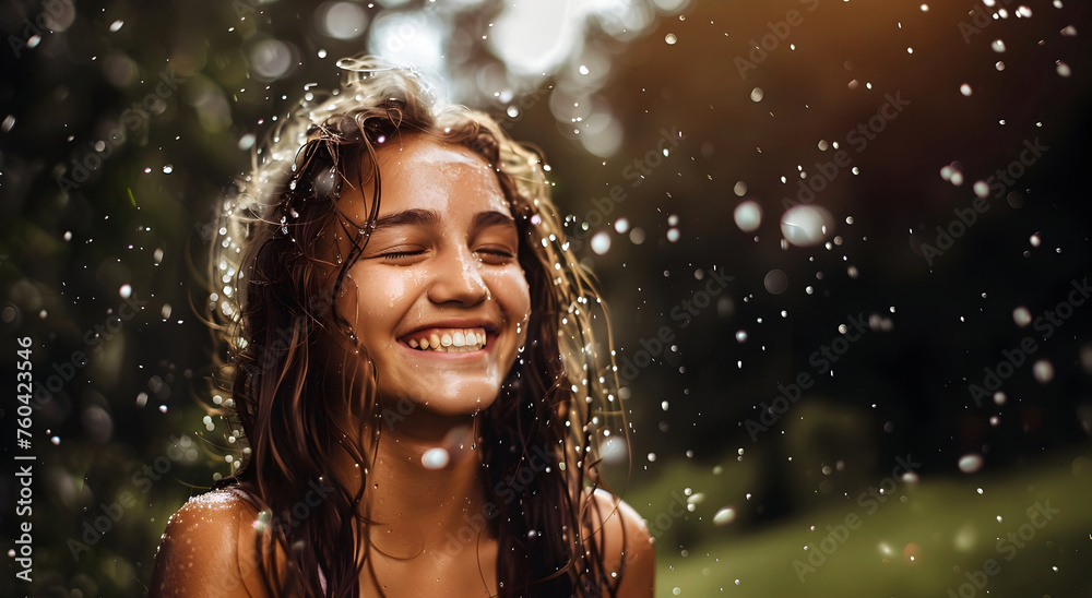 A positive girl smiling in the summer rain A positive girl smiling in the summer rain
