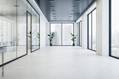 Modern glass office corridor interior with concrete flooring, window with city view and reflections. 3D Rendering.