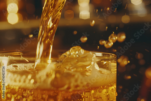 Close up of detail of pouring beer into glass photo
