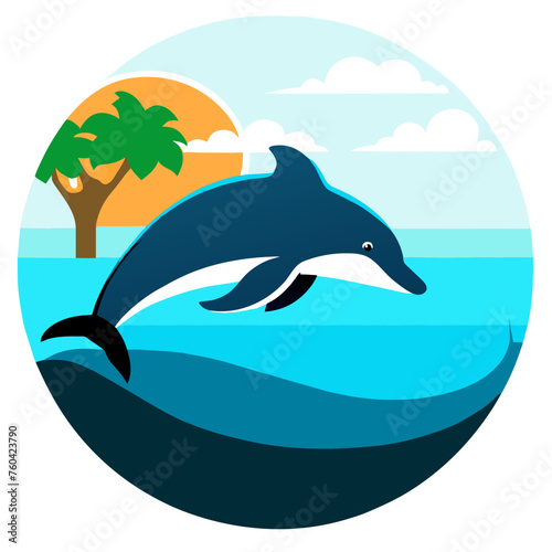 A pod of playful dolphins swim together in the clear blue ocean waters.