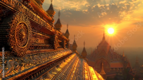 Golden Temple at Sunset: A Stunning, Intricately-Designed Fantasy Concept Art in Render