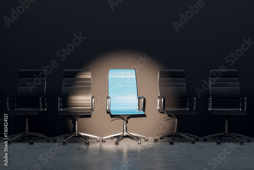 Job interview, recruitment concepts. Row of chairs with one odd one out. Job opportunity. Blue chair in spotlight. Business leadership. 3D Rendering. photo