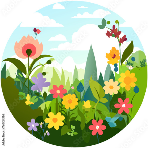 Captivating natural beauty unfolds in a verdant garden where flowers dance in vibrant hues.