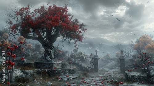 An Ancient Tree with Red Leaves in a Desolate Graveyard Amidst a Hellish Landscape