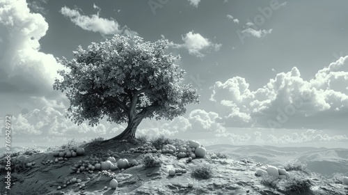 Fototapeta Black and White Tree on Hill Surrounded by Fruitful Bounty in a Surreal Landscape