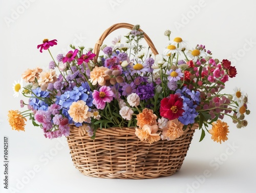 Many types of summer flowers, bright colors, refreshing to see. In a woven basket. White background. The object can be separated from the background. © chaorit