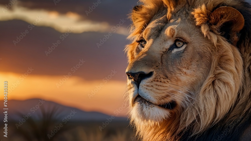 Lion in the forest at sunset. Beautiful male lion in the nature habitat.