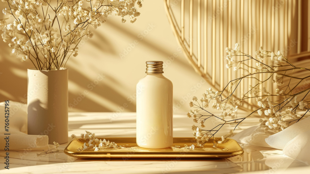 Fototapeta premium A bottle of cosmetic cream on a golden podium on a beautiful beige background with flowers and shadows.