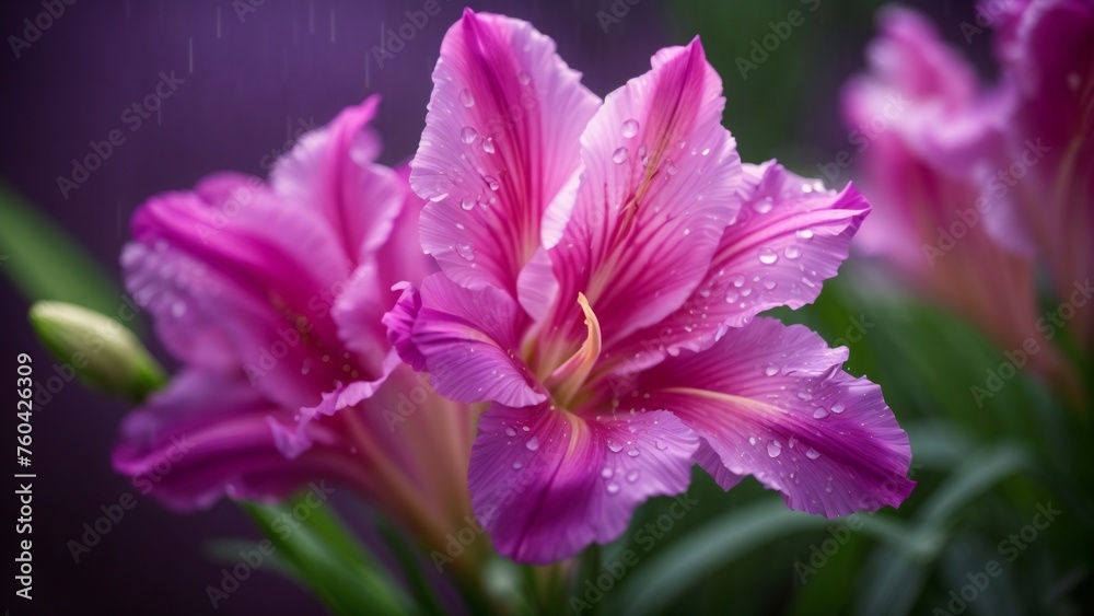 Close-Up Macro View of Gladiolus Pink Flowers Capture with Rain Shower and Ethereal Blurry Background