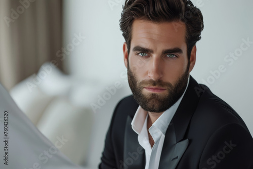 An attractive businessman in a sleek suit sits confidently in a chair, exuding sophistication and professionalism.