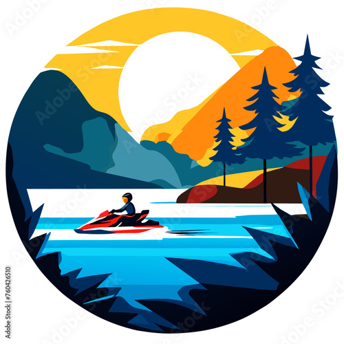 A jet skier enjoys the thrill of riding through the tranquil waters surrounded by picturesque natural beauty.