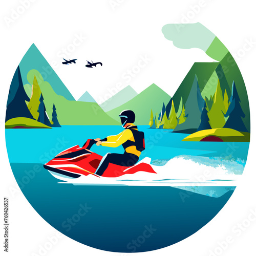 Jet ski riders navigate through a peaceful natural setting.