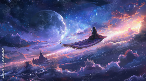 Celestial Harmony: A serene image of the rider peacefully traversing the cosmic landscape on their flying carpet, surrounded by the harmonious beauty of the universe and the tranquil silence of space.