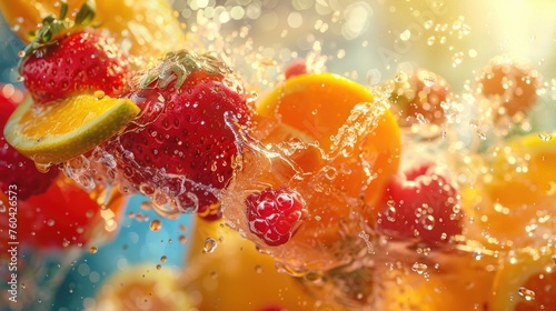 Vibrant Fruits Splashing Mid-Journey: A Colorful Explosion of Strawberries, Oranges, and Peaches