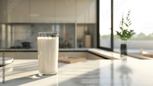 Hyper-realistic photo of thick milk on a kitchen worktop in a modern, white and black kitchen