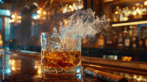 Classic Elegance: A sophisticated image featuring a crystal glass filled with whiskey or cognac, adorned with ice cubes, and accompanied by a smoking cigar. Generative AI
