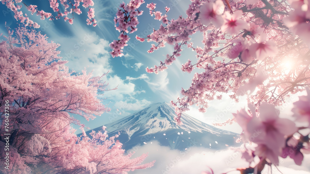 Travel Japan, Japanese cherry blossom flower pink Sakura flowers with Fuji mountain, Japan spring scenic. - obrazy, fototapety, plakaty 