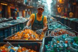 Male worker in yellow apron sorts through mountains of plastic bottles at a busy recycling facility, highlighting sustainability