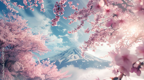 Travel Japan, Japanese cherry blossom flower pink Sakura flowers with Fuji mountain, Japan spring scenic. photo