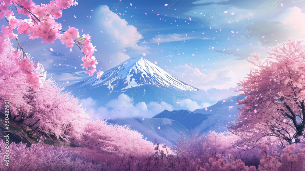 Travel Japan, Japanese cherry blossom flower pink Sakura flowers with Fuji mountain, Japan spring scenic. - obrazy, fototapety, plakaty 