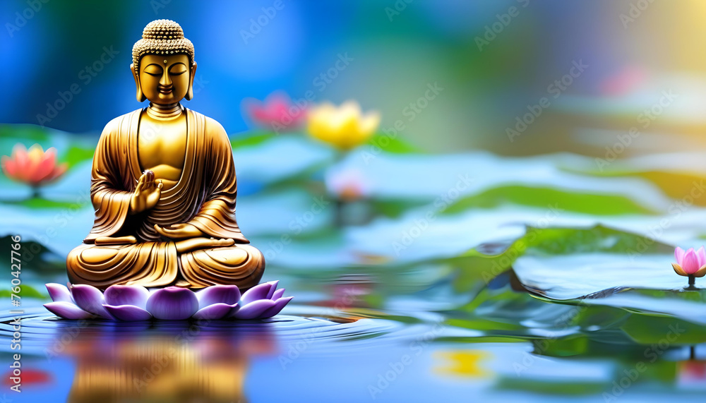 A Zen Buddha statue sitting on a small bridge over a pond with water lilies