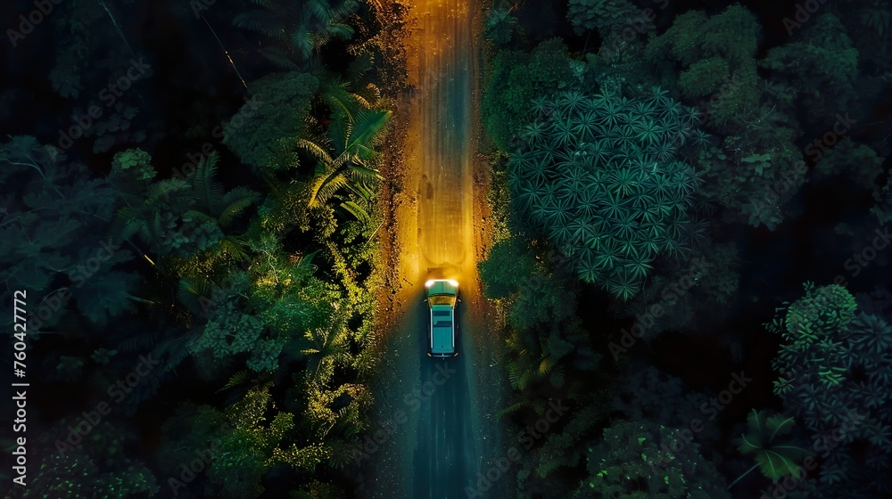 the view from above shows a car moving in a forest area.