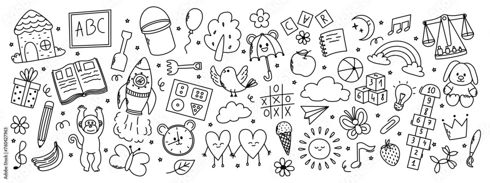 Daycare hand drawn elements. Rocket, hopscotch, toys, book, balloon, house, fruits and other elements.