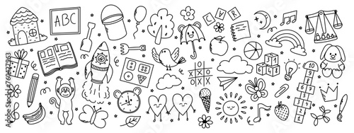 Daycare hand drawn elements. Rocket  hopscotch  toys  book  balloon  house  fruits and other elements.