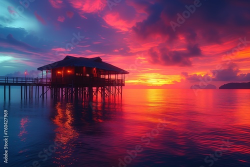 A serene oasis amidst a tranquil sea, a stilted building basks in the afterglow of a fiery sunset, reflecting the clouds and sky on its shimmering surface
