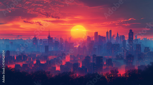 Sun's Fiery Orb Descends On The Urban Silhouette At Dusk