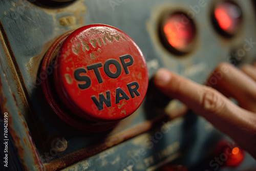 finger pushing a Big red control Button with text "STOP WAR"