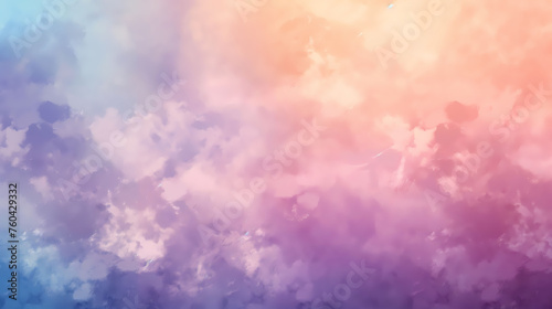 Wallpaper of watercolor painting of a sky at sunset, mostly pastel shades of pink, blue, and yellow. The clouds are thick and fluffy, and the sun is setting in the background. photo