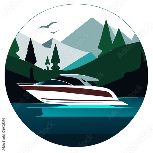 A motorboat glides swiftly through the serene waters of a picturesque natural setting.