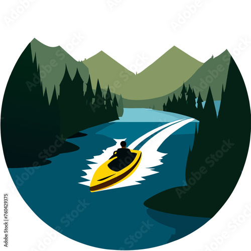 A motorboat cruises through a tranquil waterway, surrounded by lush greenery and sparkling water.