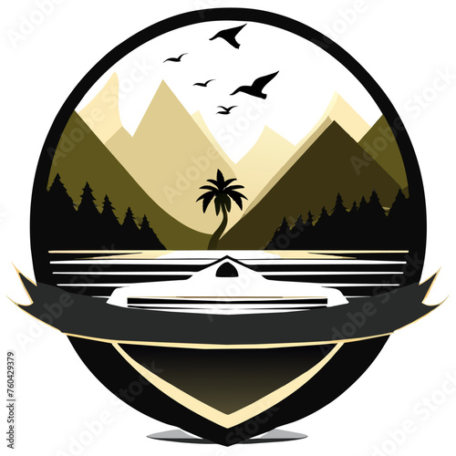 A motorboat slices through the tranquil waters of a serene lake, surrounded by lush greenery and towering trees.