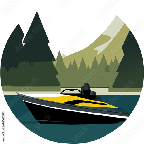A motorboat glides peacefully through a serene lake, surrounded by lush greenery.