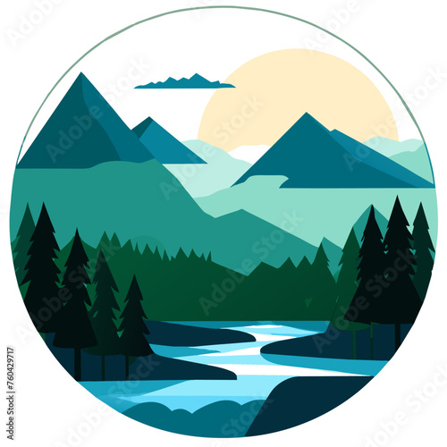 The sky is painted with vibrant hues of orange, pink, and purple, as the sun sets behind the distant mountains.