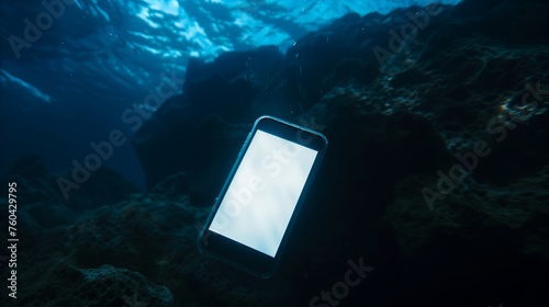 a smartphone drowning in the ocean with white screen, disconnect