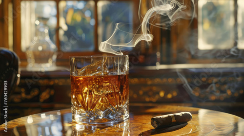 Gentleman's Retreat: An intimate image showcasing the glass of whiskey or cognac and the smoking cigar as essential elements of a gentleman's ritual. Generative AI