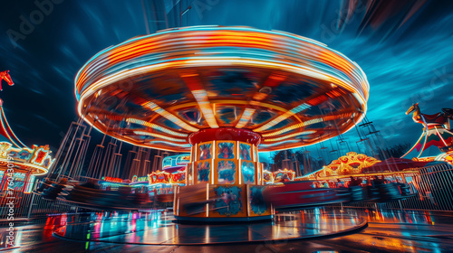 Theme park or amusement park in motion, long exposure. Ferris wheel, carrousel and fun at night. Entertainment park for families and children.  © JMarques